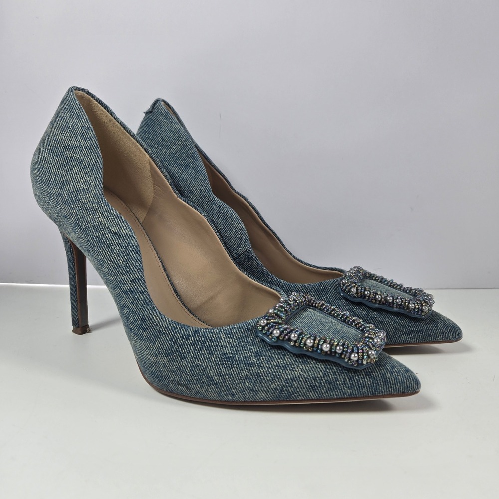 Sam Edelman Pumps Women 8 Blue Denim Beaded Buckle Hazel Stiletto Heels Pointed